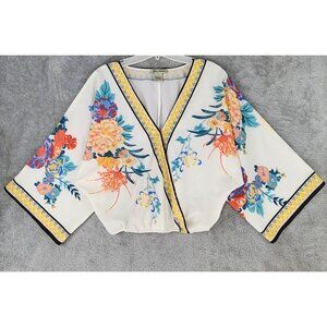 Flying Tomato Shirt Womens Small Multicolor Floral V Neck 3/4 Sleeve Cropped Top